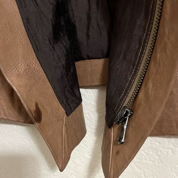 June Brown Leather Biker Moto Jacket Coat Wool Blend Knit Sleeve Size M - Picture 12 of 15